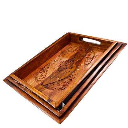 Wooden Serving Tray Set of 3 Pcs – Beautiful Inlay Brass Work