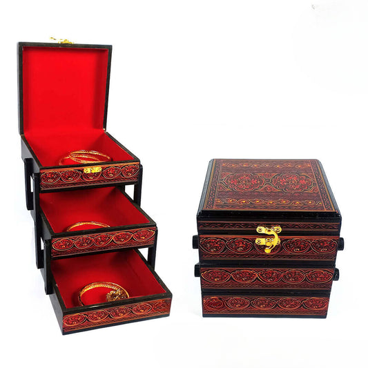 Lacquer Art Jewelry Box Red Square 3 Portion