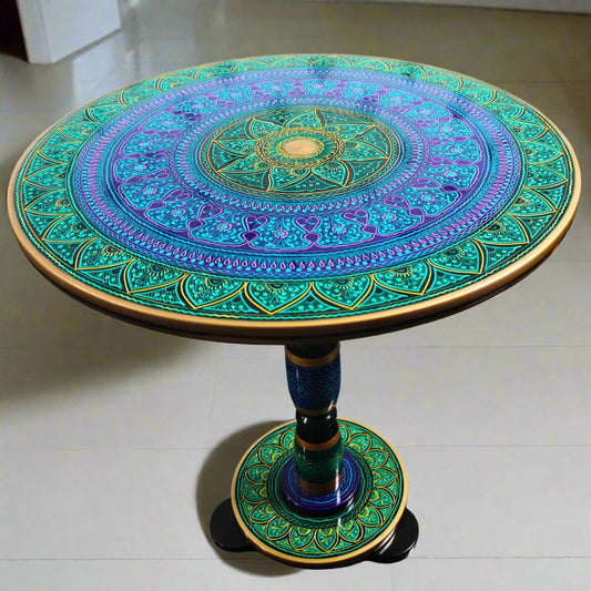 Lacquer Art Coffee Table Blue Green 18 Inches