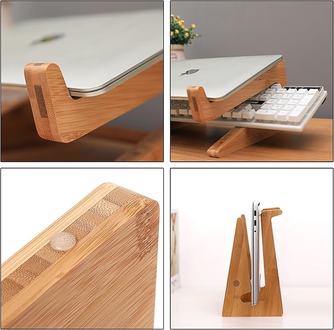 Laptop Stand, Wooden Vertical Laptop Stand for Desk, Bamboo Laptop Stand Compatible with MacBook Air Pro/Dell XPS/Surface