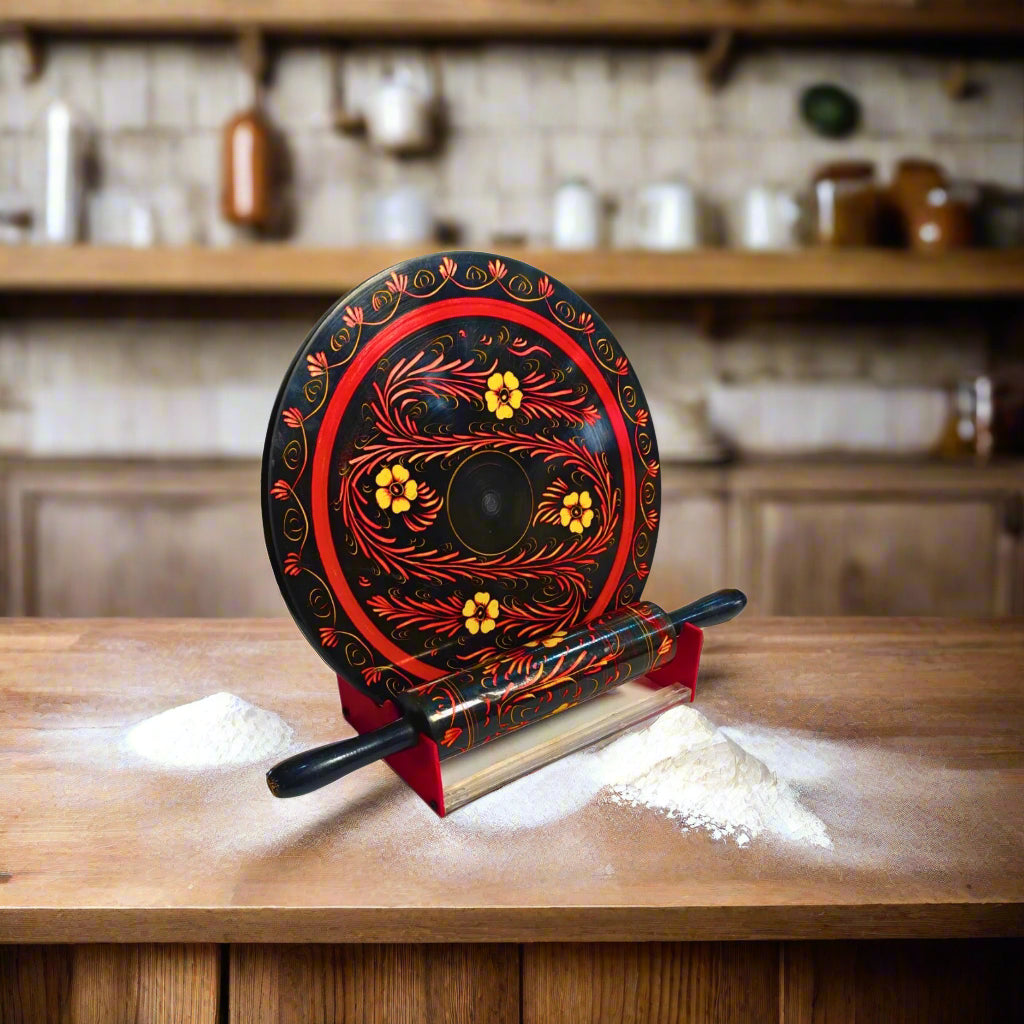 Wooden Bread Roller(Chakla Belan) with Hand Made Black & Red Lacquer Art Flower Pattern