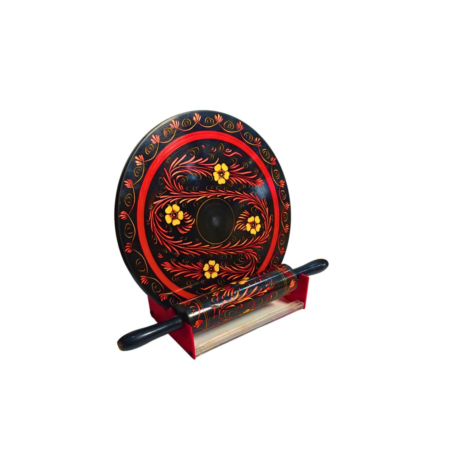 Wooden Bread Roller(Chakla Belan) with Hand Made Black & Red Lacquer Art Flower Pattern