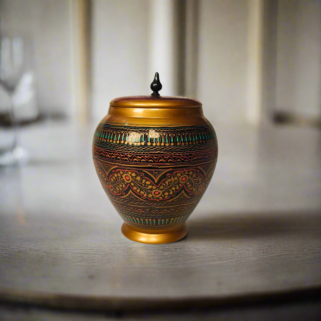 Wooden Handmaded Candy Jar With Red & Golden Naqshi Art