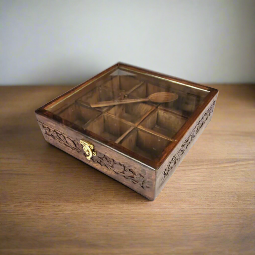 Wooden Masala Spice Box Nine 9 Portion