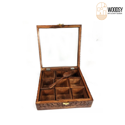 Wooden Masala Spice Box Nine 9 Portion