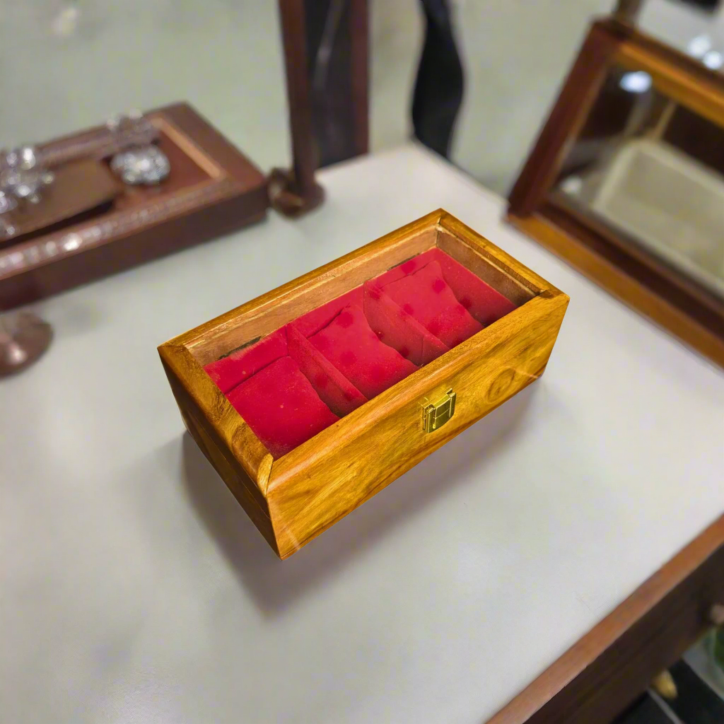 Wooden Watch Box (3 Portion ) With Glass Lid In Pure Shesham Wood