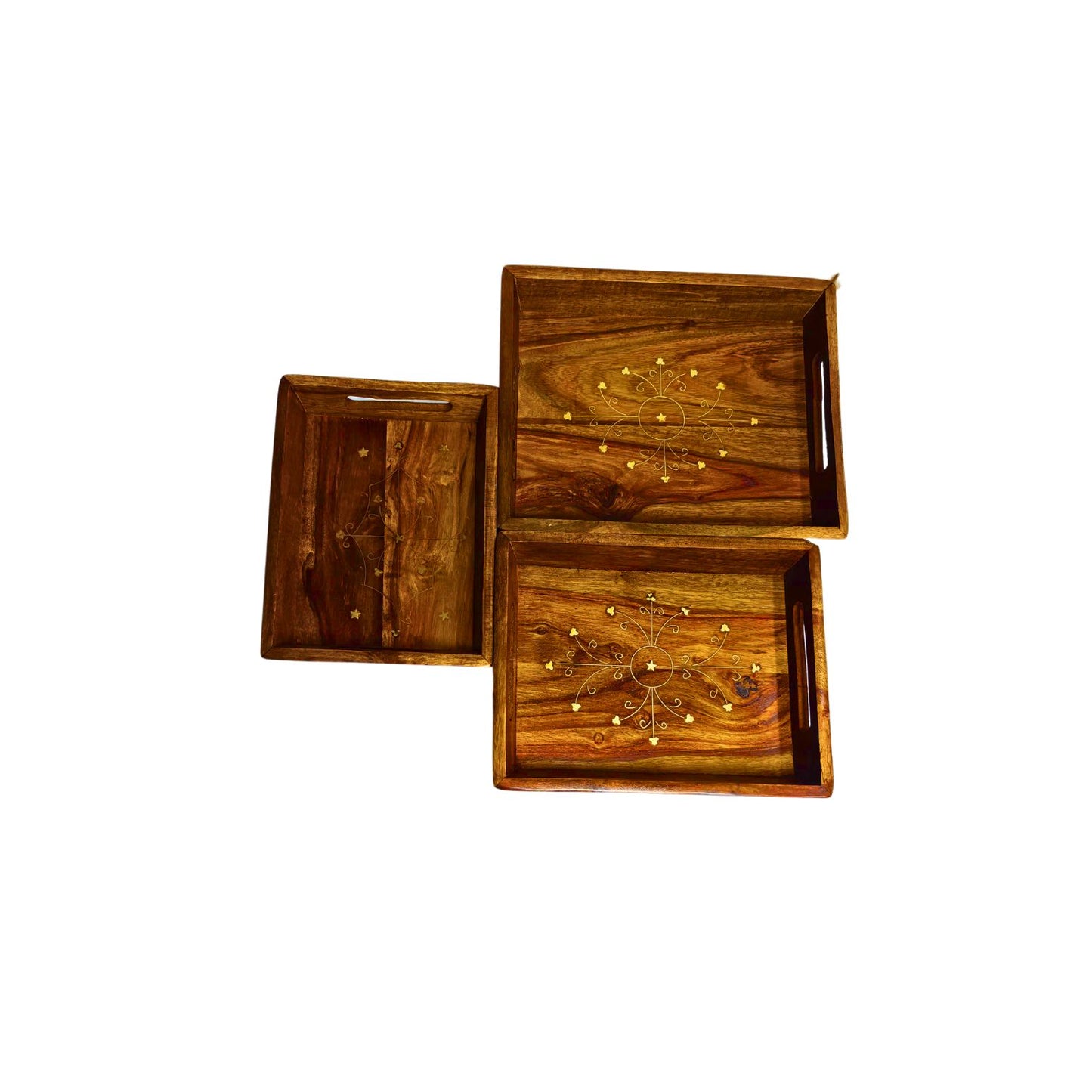 Wooden Serving Tray Set of 3 Pcs – Beautiful Brass Work