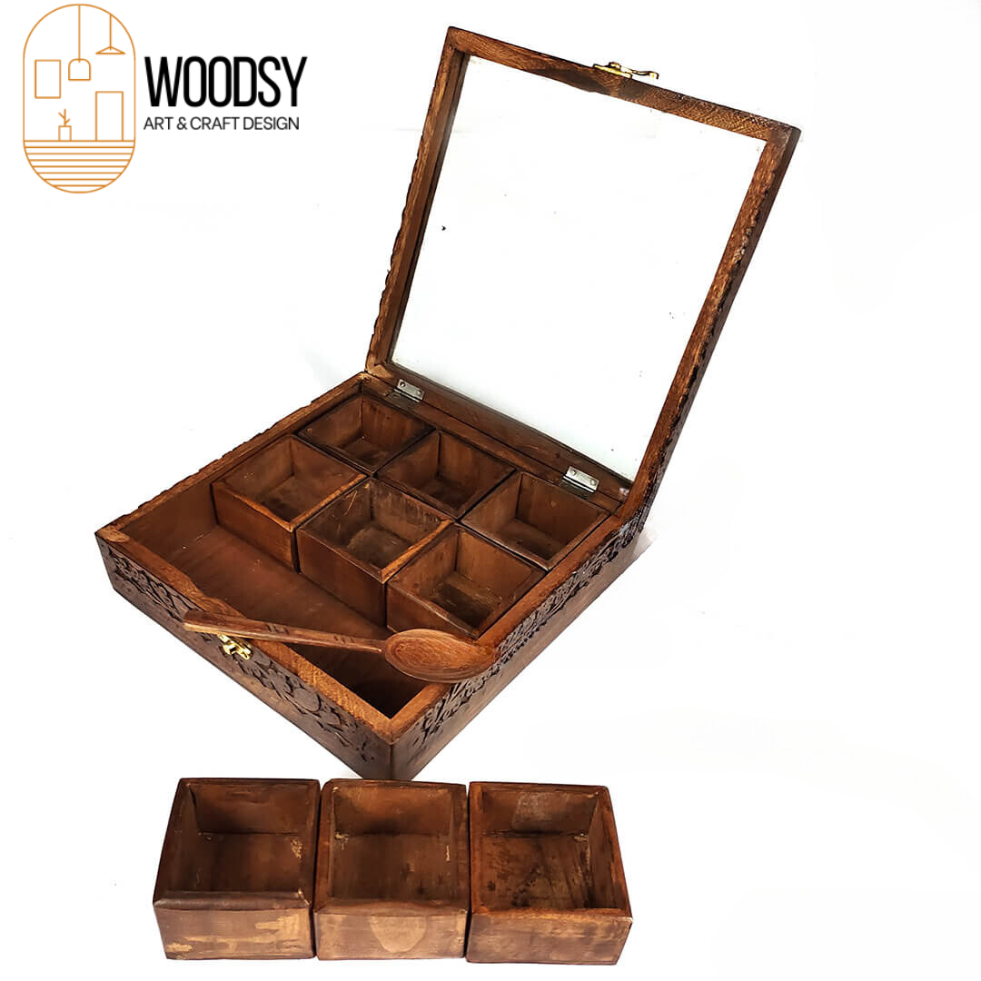 Wooden Masala Spice Box Nine 9 Portion