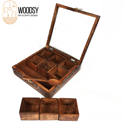 Wooden Masala Spice Box Nine 9 Portion