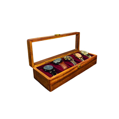 Wooden Watch Box ( 5 Portion ) With Glass Cover  Handmade product