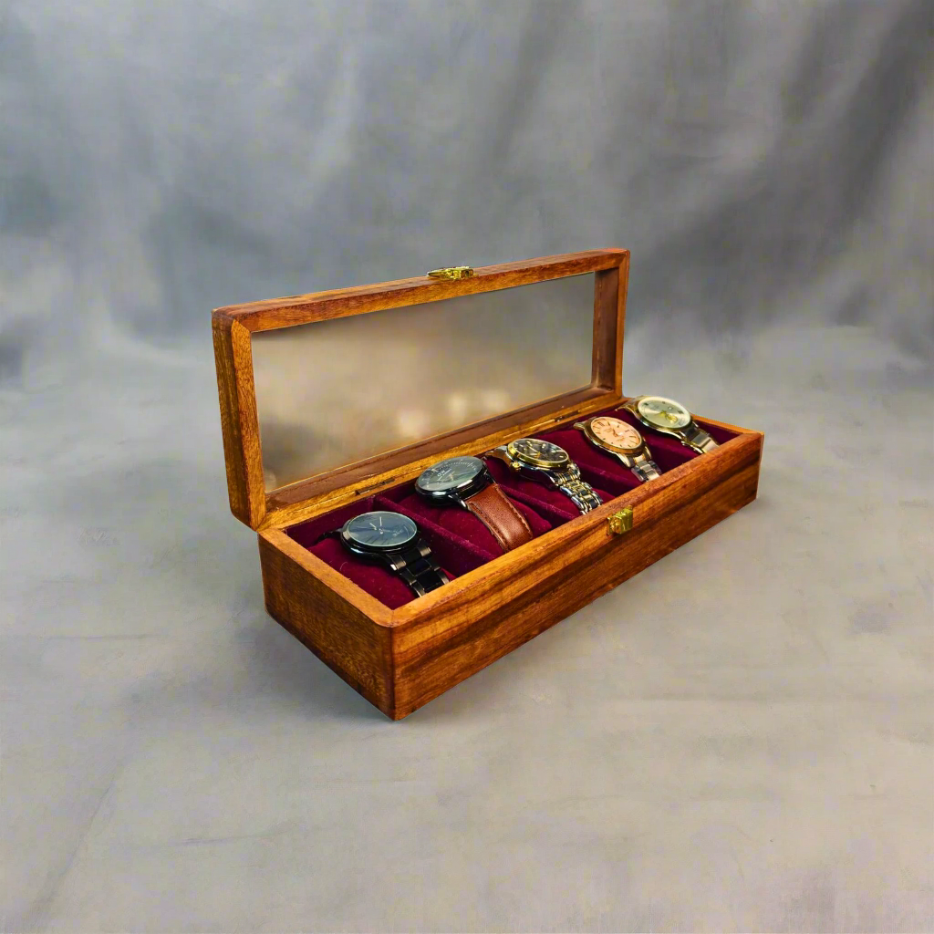 Wooden Watch Box ( 5 Portion ) With Glass Cover  Handmade product