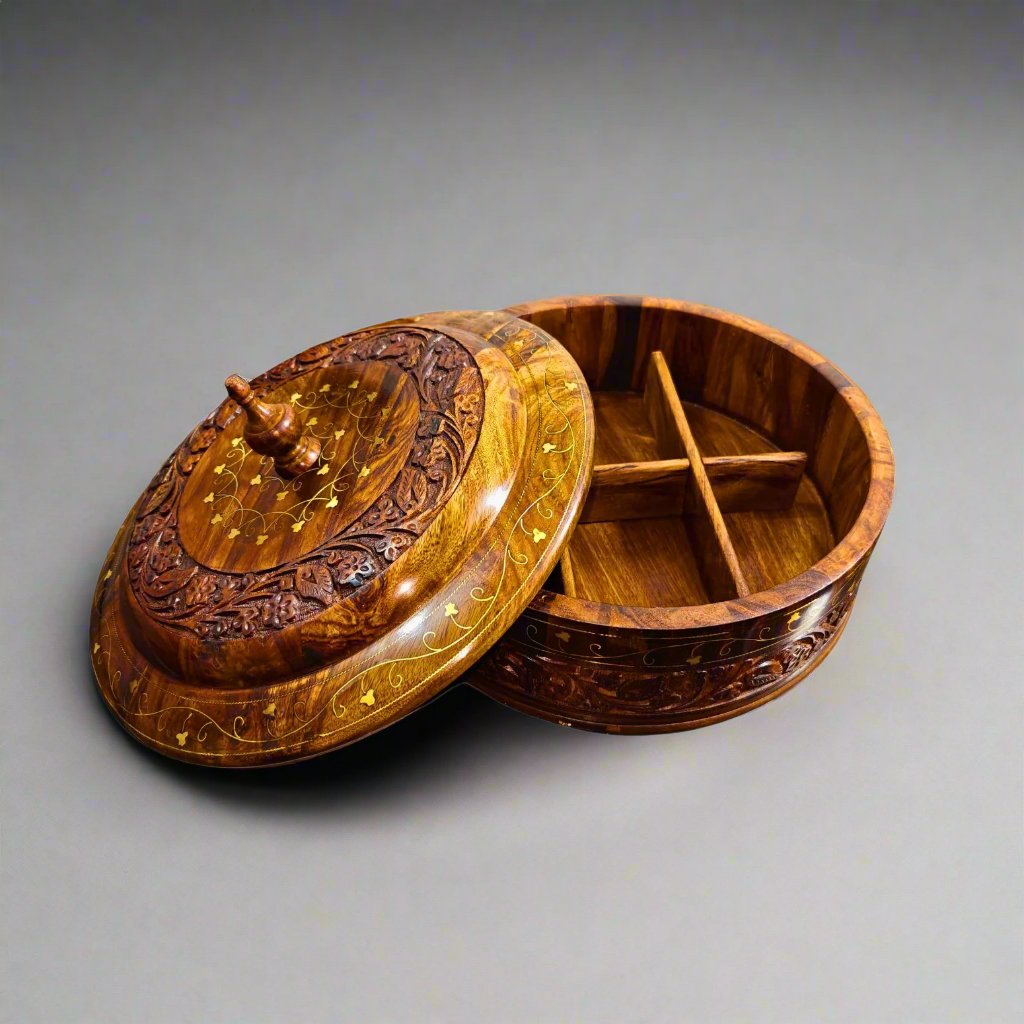 Exquisite Hand-Carved Wooden Dry Fruit Box Elegant Craftsmanship for Stylish Storage and Gifting