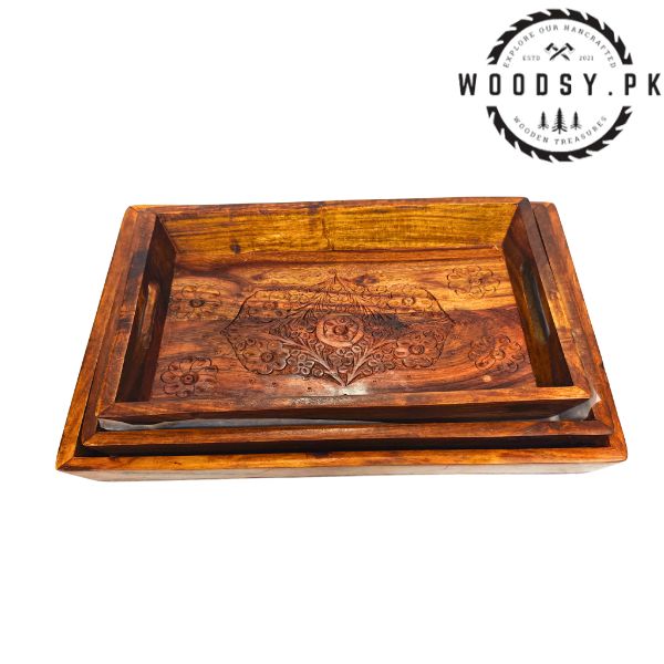 Wooden Serving Tray Set Carving Work 3 pcs