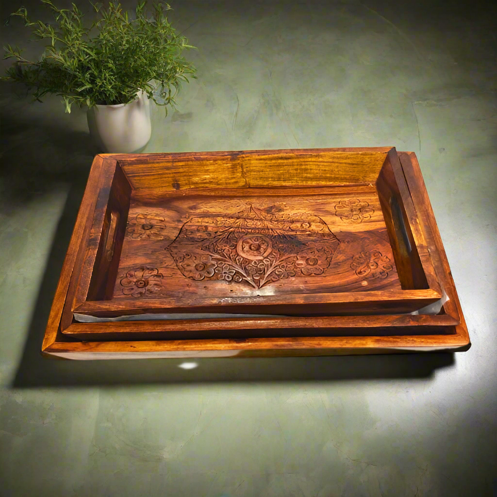 Wooden Serving Tray Set Carving Work 3 pcs